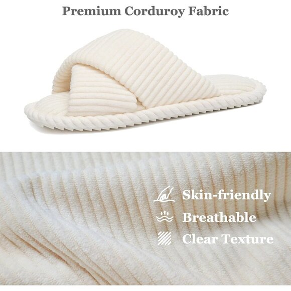 ⚡Women Beige Cotton Memory Foam Bedroom Corduroy Crossbands Open Toe Shoes - Picture 4 of 6